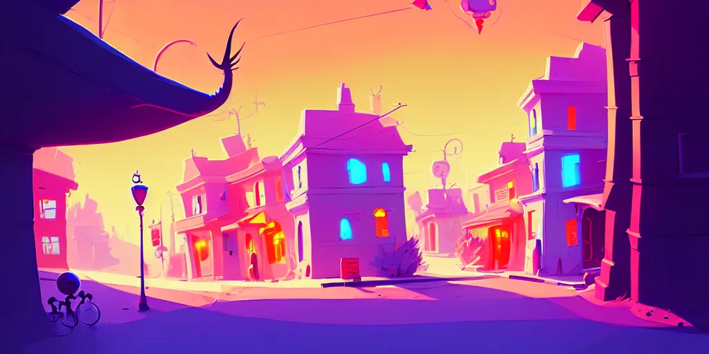 Prompt: curved perspective digital art of a summer small town street from nightmare before christmas by anton fadeev