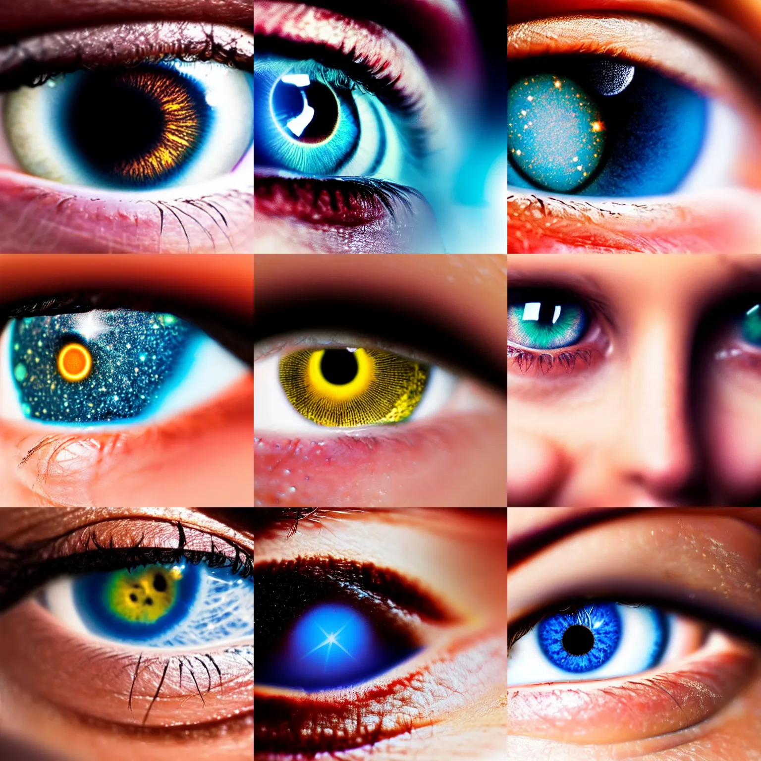 Prompt: closeup photo of womans' eyes with the universe visible inside