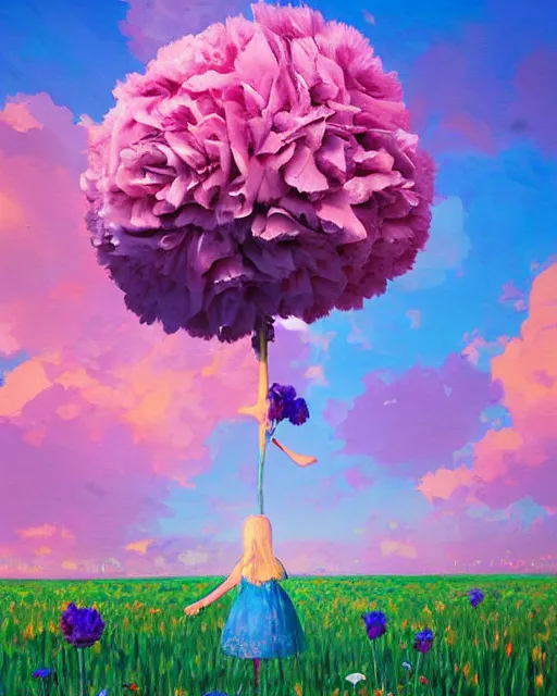 Image similar to girl with a giant carnation head, surreal photography, flower field, sunset dramatic light, impressionist painting, colorful clouds, blue sky, digital painting, artstation, simon stalenhag