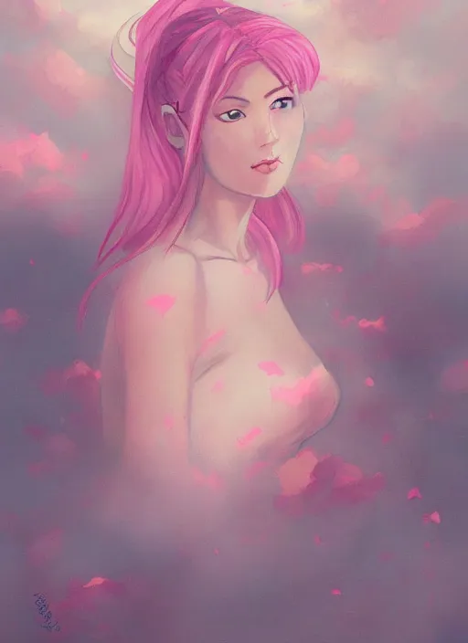 Prompt: woman, pink clouds, by loish