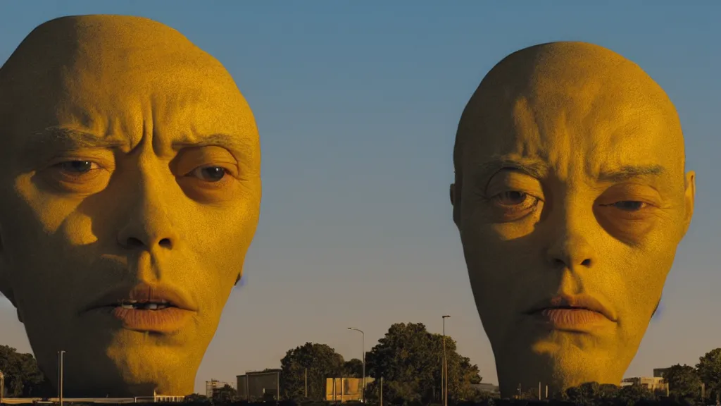 Prompt: the strange giant head at the office building, made of oil and water, film still from the movie directed by Denis Villeneuve with art direction by Salvador Dalí, golden hour