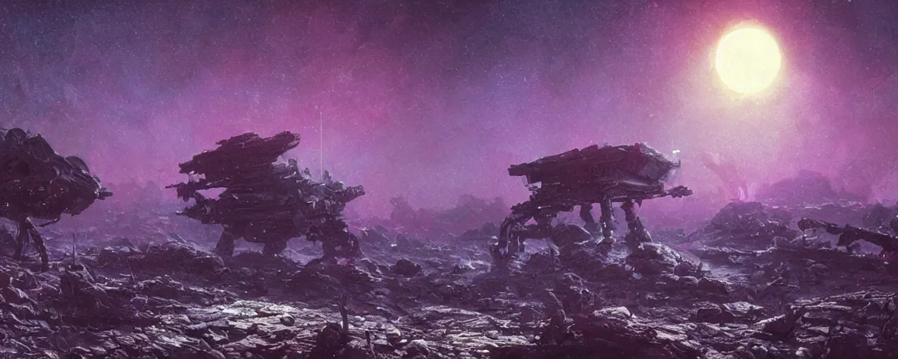 Prompt: ” night at a desolate outer planet made of barren black rock, [ cinematic, detailed, epic, widescreen, opening, establishing, mattepainting, photorealistic, realistic textures, octane render, art by paul lehr ] ”