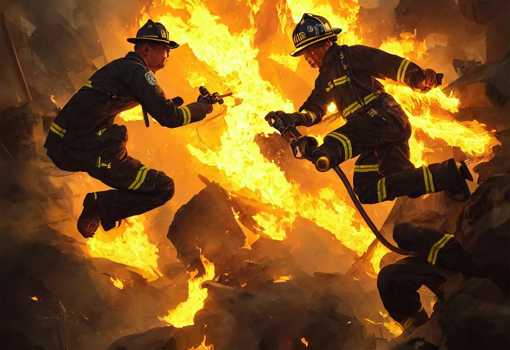 Prompt: heroic firefighter in action in black and yellow uniform, fire flames, sharp details, sharp focus, elegant, highly detailed, illustration, by jordan grimmer and greg rutkowski and 薯 子 imoko and wlop and maya takamura, intricate, art gta 5 cover