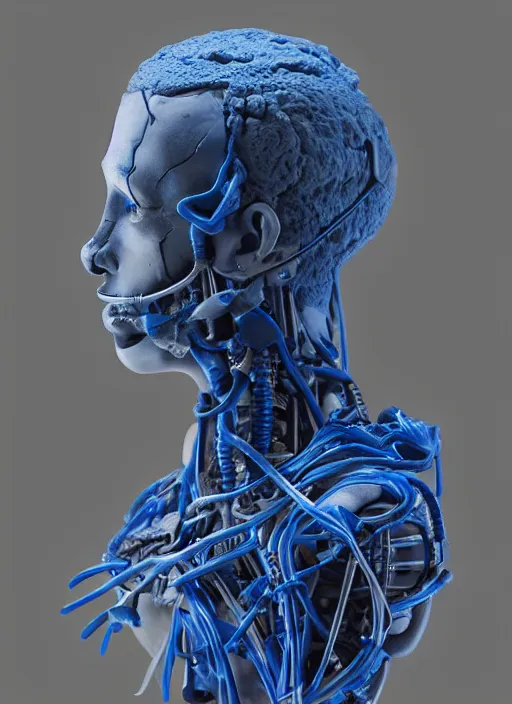 Prompt: a bust sculpture of anatomical detailed cyborg, blue blood ceramic base, orthographic, studio lighting
