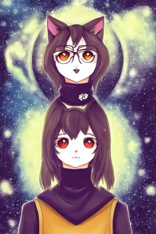 Prompt: a bust portrait of an anthropomorphic scholar cat in a black turtleneck pullover in front of a galaxy wallpaper, by kawacy, trending on pixiv, anime, furry art, trending on furaffinity