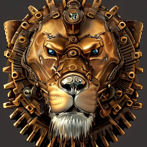 Image similar to A steampunk lion portrait made of engraved full plate armor and gears, Macro shot by Justin Gerard, unreal engine, physically based rendering