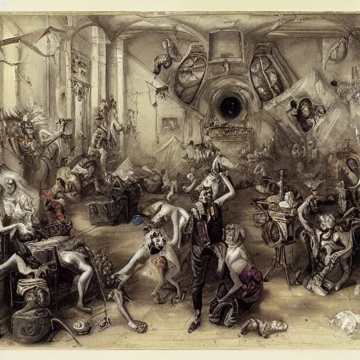 Prompt: 1800s medical drawing of troubled minds, by ivan laliashvili, peter mohrbacher, rococo details, highly detailed