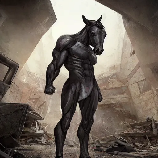 Prompt: a hyper - muscular anthro horse wearing a tactical bodysuit standing in the ruins of a facility, equine, magnificently muscular physique, dynamic pose, highly detailed, digital painting, artstation, concept art, illustration by artgerm, greg rutkowski