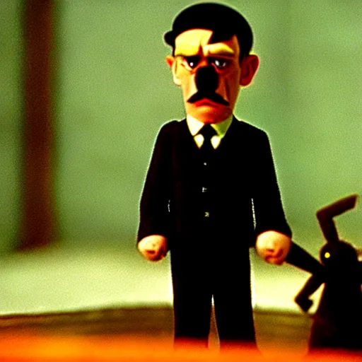 Image similar to claymation hitler as a pokemon by jan svankmajer, hyperrealistic, very detailed, tim burton, 3 5 mm film still, gothic, horror, eldritch