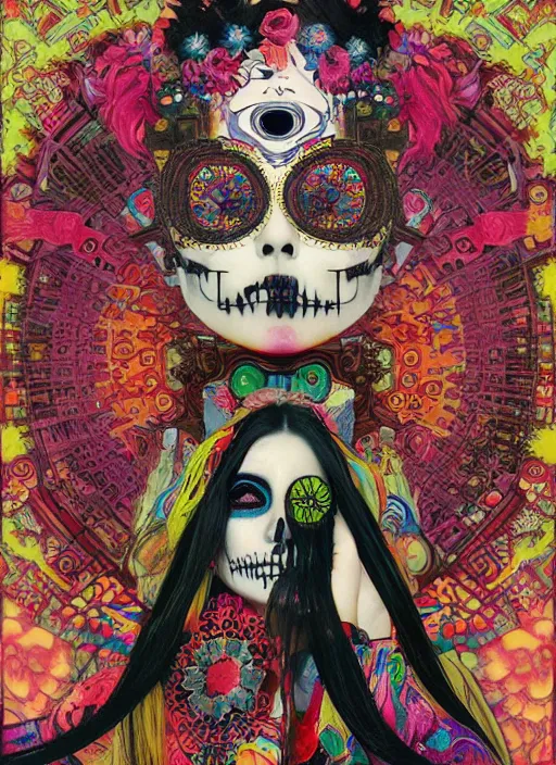 Image similar to cute punk goth fashion hippy fractal Día de los Muertos android girl wearing kimono made of circuits posing by Zhang Jingna, psychedelic poster art by Hannah Höch Käthe Köllwitz Victor Moscoso Rick Griffin Alphonse Mucha Edward Munch Ayami Kojima