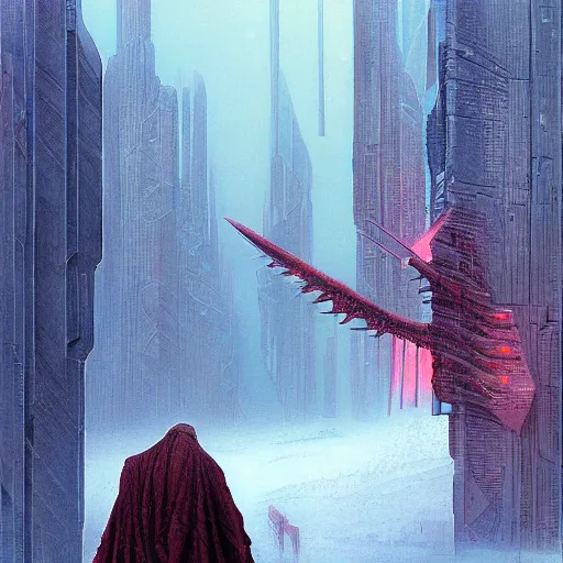 Prompt: mystic winter landscape, cyberpunk wayne barlowe