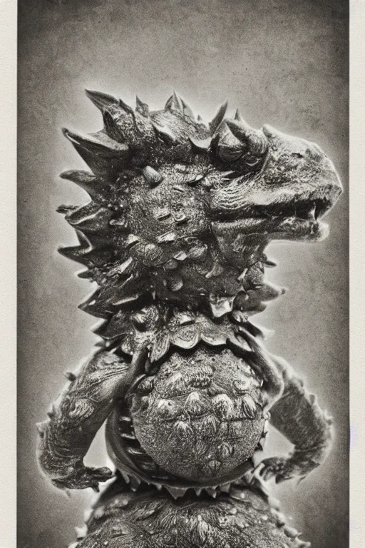 Prompt: bowser king koopa, portrait, full body, symmetrical features, silver iodide, 1 8 8 0 photograph, sepia tone, aged paper, master prime lenses, cinematic