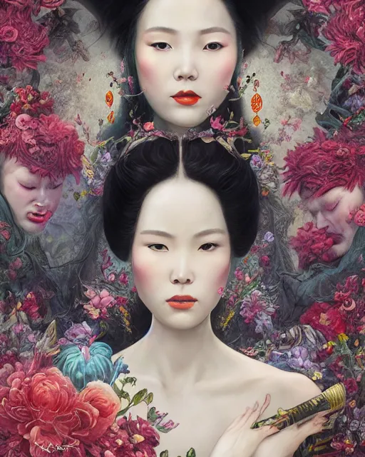 Image similar to portrait of the chinese queen of the underworld, surrounded by flowers by karol bak, james jean, tom bagshaw, rococo, sharp focus, trending on artstation, cinematic lighting, hyper realism, octane render, 8 k, hyper detailed.