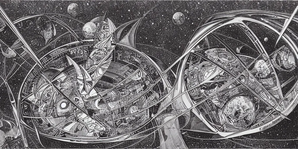 Prompt: incredible space ship in orbit, by Escher and Moebius and Mohrbacher, 8k