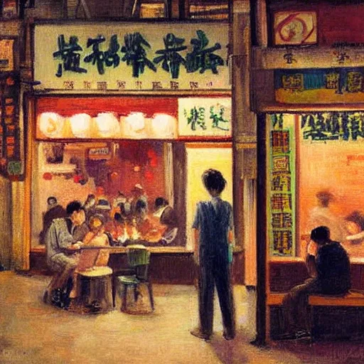 Image similar to Hopper painting of people in a cafe at night in Kowloon Walled City, Hong Kong