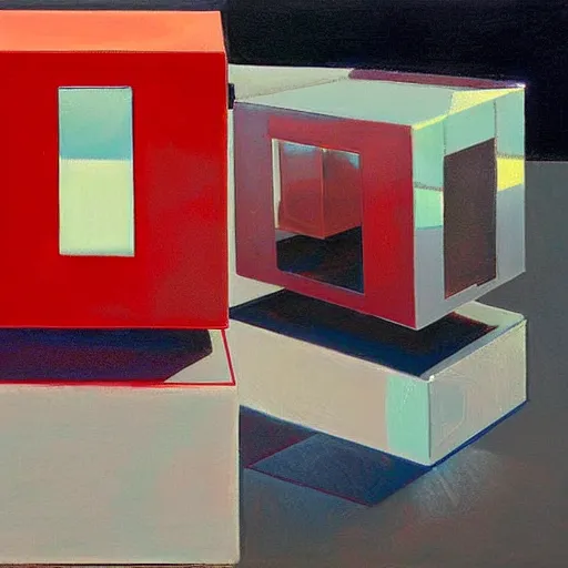 Prompt: chrome spheres on a red cube by wayne thiebaud