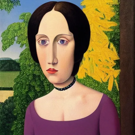 Image similar to very detailed portrait of angela anaconda. painted by rene magritte, 1 9 2 7. oil on canvas.