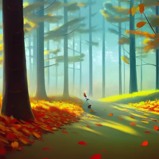 Prompt: goro fujita ilustration a forest full of leaves on the ground, tall autumn trees that let in small streaks of light to the ground, painting by goro fujita, sharp focus, highly detailed, artstation