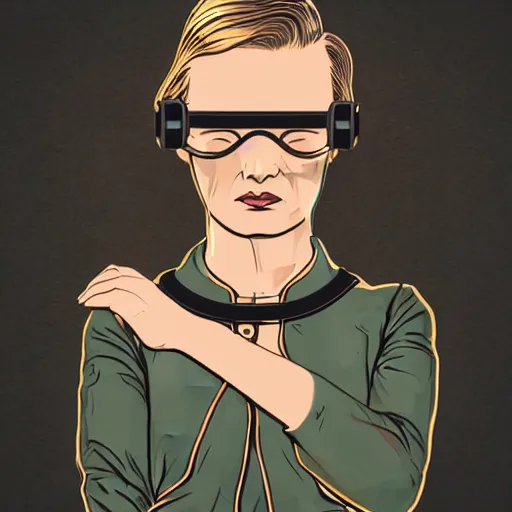 Image similar to tattooed stoic heroic emotionless dirty butch blonde woman engineer with very short slicked - back hair, uncomfortable awkward and anxious, at fancy costume party, wearing dark - lensed victorian goggles, wearing flight suit, moebius, rough paper, smooth median photoshop filter cutout vector, behance hd