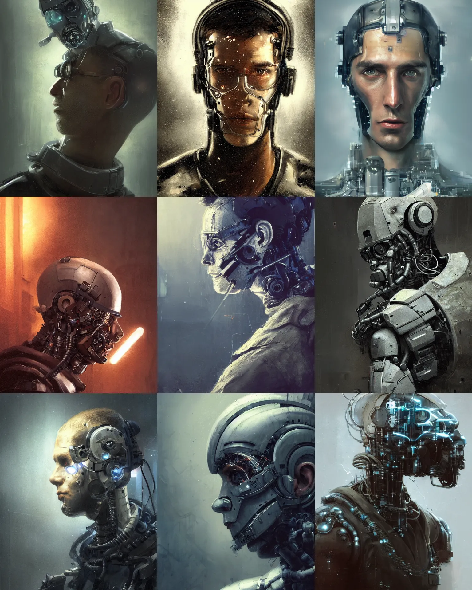 Image similar to a half - masked rugged young laboratory engineer man with cybernetic enhancements as seen from a distance, scifi character portrait by greg rutkowski, esuthio, craig mullins, 1 / 4 headshot, cinematic lighting, dystopian scifi gear, gloomy, profile picture, mechanical, half robot, implants, steampunk