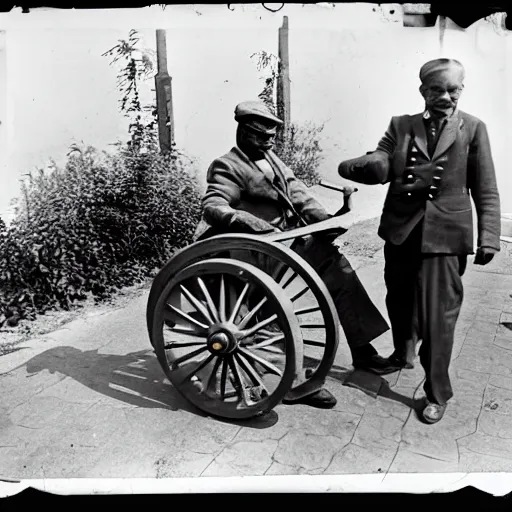 Image similar to photograph of an eldery gentleman towing a howitzer! artillery! which is connected to his mobility scooter, on a street