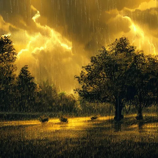 Prompt: golden clouds and rain, thunder, 4k, post-processing, very very detailed, artstation, cute