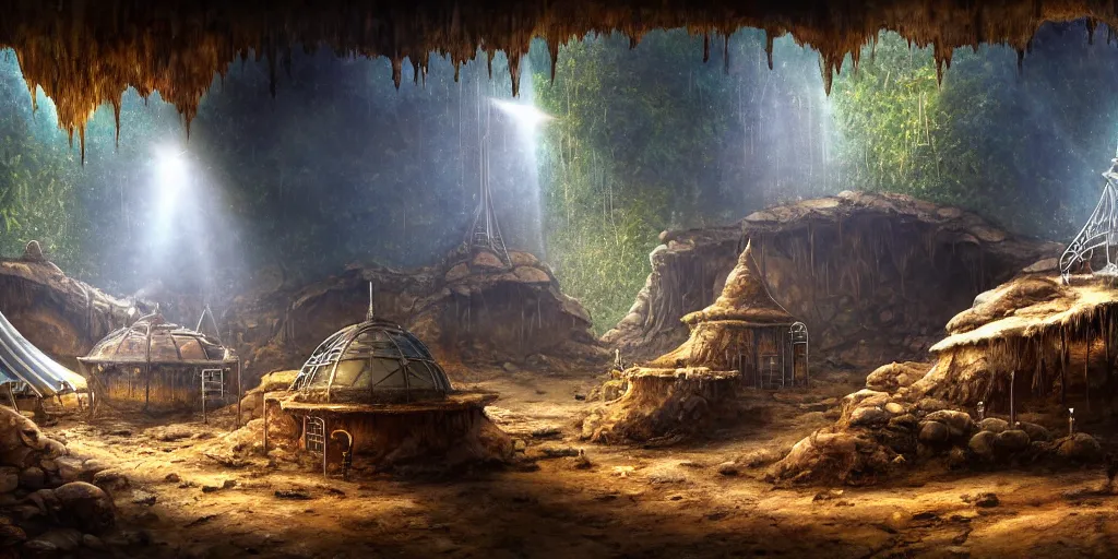 Image similar to a chrome bipdel conical drill visits a slightly rusted cave mouth in the jungle, retrofuturistic, matte oil painting, merchant tents, salt dunes, science fantasy, salt, rpg, epic, extremely detailed, sharp focus, 4 k