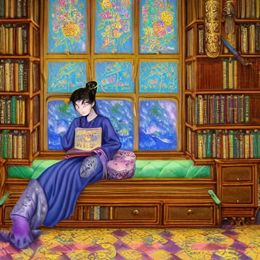 Image similar to a highly detailed fantasy pastel painting of a young wizard in ornate clothing lounging on a purpur pillow on the marble floor in front of her bookcase, studying an ancient tome. to the side is a potted plant and some blue candles. ancient oriental retrofuturistic setting. 4 k key art in the style yoshitaka amano