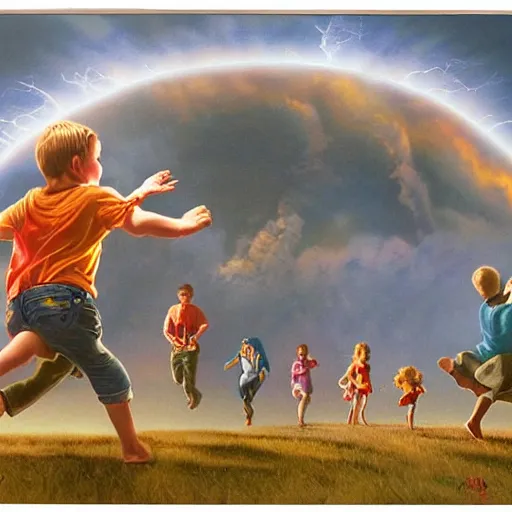 Prompt: a running child surrounded covered, lightning, vapor, mist, smoke, blood drops, fire, a highly detailed matte painting by John Philip Falter and Jason Edmiston