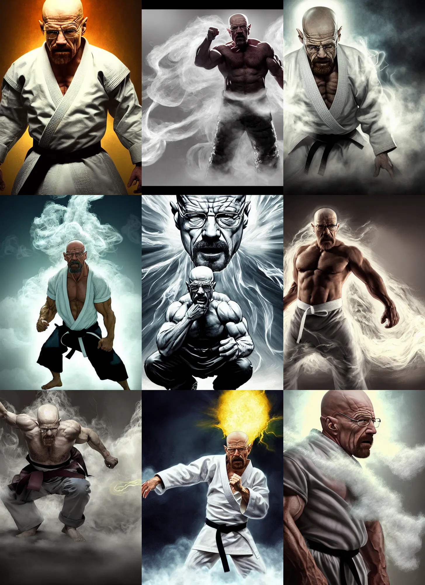 Prompt: Epic Concept art of grandmaster walter white wearing a white martial artist gi snarling angerly yelling, Buff and muscular physique, powering up, squatting, bald head and white beard, emanating shockwaves around him fog fills the area, air is being pushed around him, character surrounded by wispy smoke, plain background, by Chen Uen, art by Yoji Shinkawa, 4k