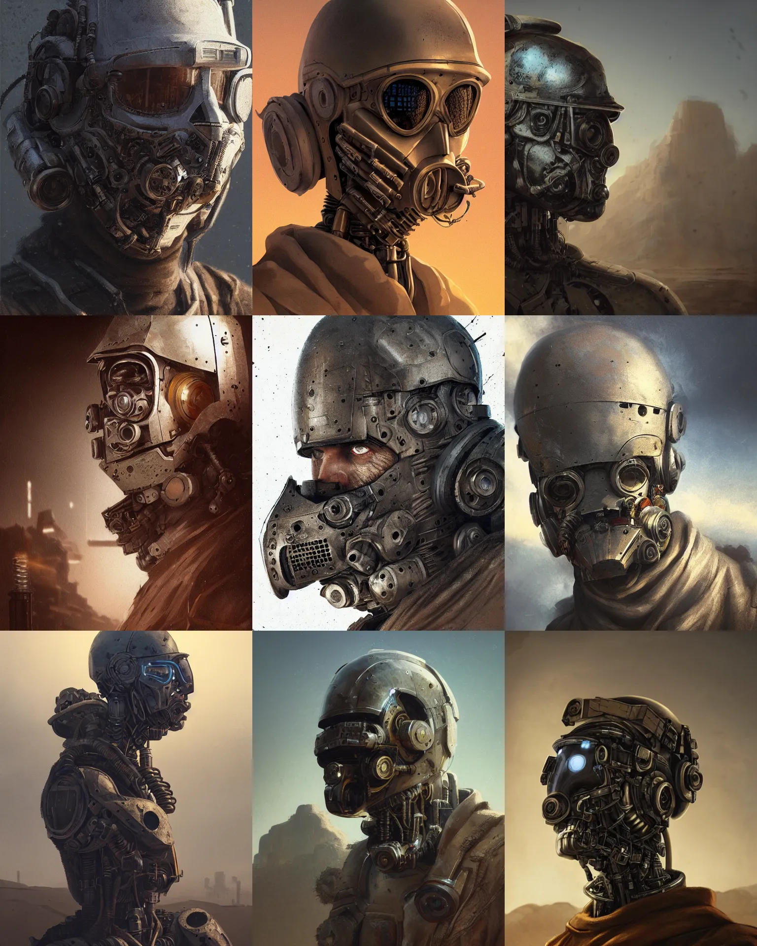 Prompt: a rugged engineer man with cybernetic enhancements in the desert, detailed mask, scifi character portrait by greg rutkowski, esuthio, craig mullins, 1 / 4 headshot, cinematic lighting, dystopian scifi gear, gloomy, profile picture, mechanical, half robot, implants, steampunk