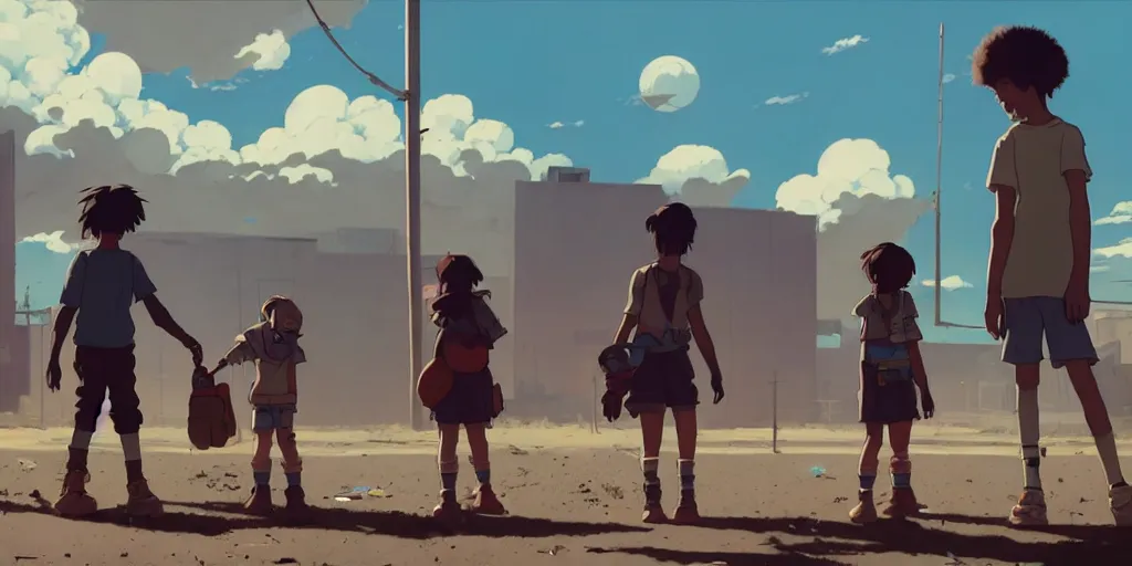 Prompt: a wholesome animation key shot of a post apocalyptic 8 0's urban deserted lanscape with 3 kids playing with a broken robot by studio ghibli, animation, sharp, rendered in unreal engine 5, focused, anime key art by greg rutkowski, bloom, dramatic lighting