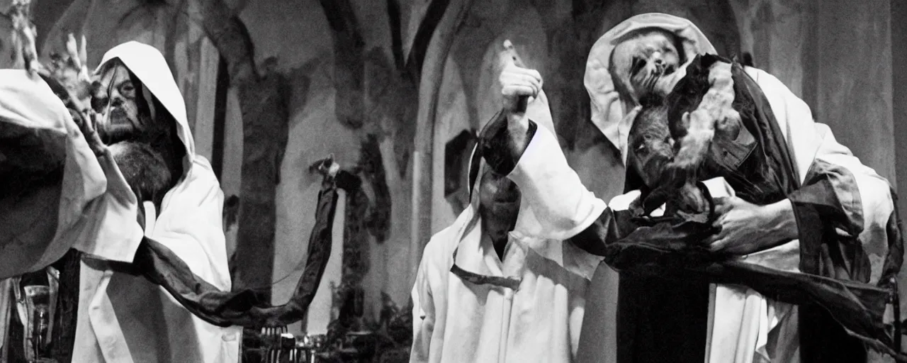 Image similar to priest performing exorcism, directed by John Carpenter