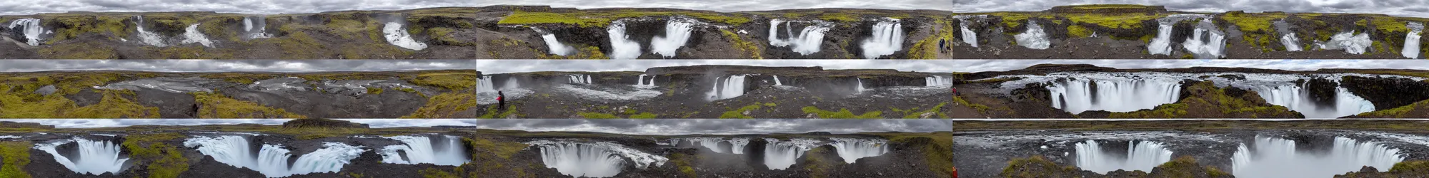 Prompt: wide angle view, 3d stereoscopic equirectangular 360 at Dettifoss waterfall Iceland, fov 90 degrees, horizon centered, yaw 0 degrees