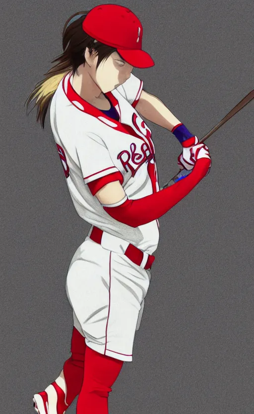 Image similar to anime style, female baseball player, red sport clothing, baseball stadium, launching a straight ball, brown short hair, hair down, symmetrical facial features, from arknights, hyper realistic, rule of thirds, extreme detail, 4 k drawing, safebooru, realistic lighting, by alphonse mucha, greg rutkowski, sharp focus, backlit