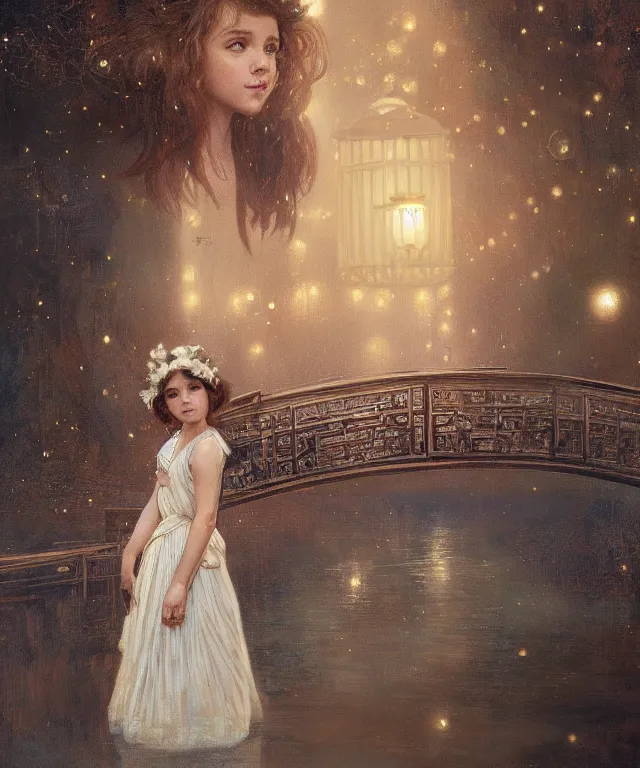 Image similar to a beautiful painting of a girl resembling millie bobby brown standing on a bridge, watching the view from the river of the lantern festival in a an ancient italian town, at night with a sky full of stars, intricate, elegant, highly detailed, digital painting, artstation, concept art, by krenz cushart and artem demura and alphonse mucha