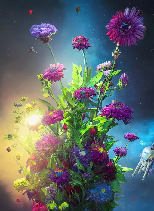 Image similar to An epic fantastic realism comic book style painting of the most beautiful flowers launched across the galaxy, bouquets, fisheye lens, unreal 5, DAZ, hyperrealistic, octane render, dynamic lighting