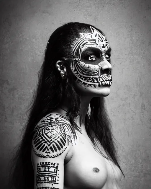 Image similar to photorealistic head and shoulders photo of beautiful female ornate fantasy viking indian tribal aztec warrior goddess, confident, minimal black skull warpaint, tattoos, Neil Blevins, James Paick, Natasha Tan Maciej Kuciara, Frank frazetta, arney freytag, Ritu Kumar, Sabyasachi Mukherjee, Magic the gathering,octane, bokeh, 8k, fashion pose, cinematic, 28mm