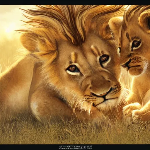 Image similar to two adorable lion cubs cuddling with each other, golden hour, elegant, close up, art by artgerm and greg rutkowski and alphonse mucha, 8k UHD