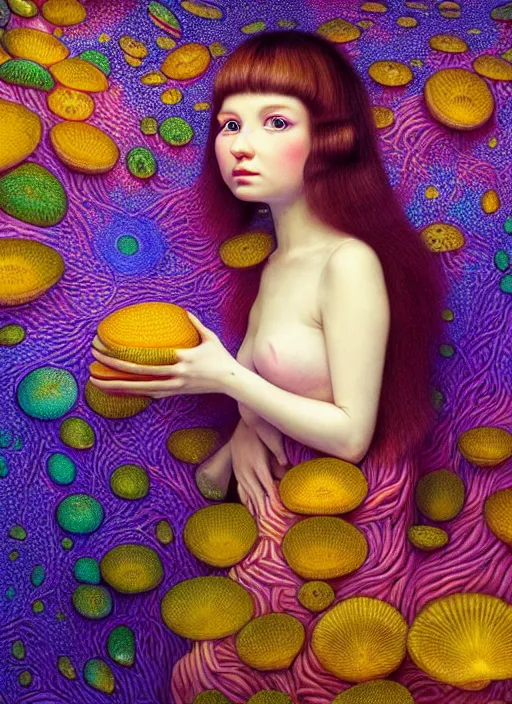 Image similar to hyper detailed 3d render like a Oil painting - kawaii portrait Aurora (brown haired Singer Weasle) seen Eating of the Strangling network of yellowcake aerochrome and milky Fruit and Her delicate Hands hold of gossamer polyp blossoms bring iridescent fungal flowers whose spores black the foolish stars by Jacek Yerka, Mariusz Lewandowski, Houdini algorithmic generative render, Abstract brush strokes, Masterpiece, Edward Hopper and James Gilleard, Zdzislaw Beksinski, Mark Ryden, Wolfgang Lettl, hints of Yayoi Kasuma, octane render, 8k