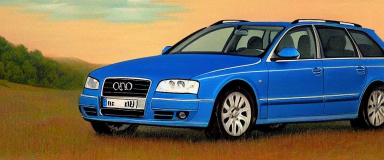 Prompt: Denim Blue Audi A4 B6 Avant (2002) landscape painting in the style of 19th century Hudson River School art