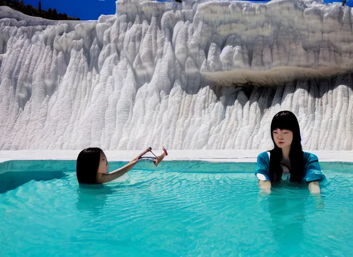 Prompt: Lee Jin-Eun hacking a laptop at Pamukkale, thermal waters flowing down white travertine terraces by Martine Johanna, rule of thirds, seductive look, beautiful, refined