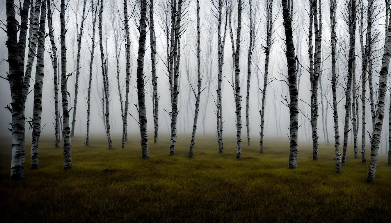 Prompt: highlands, birches, grassy, foggy, flood, swamp, dark, atmospheric, scary, ambient vibe, very detailed, winter, 8 k