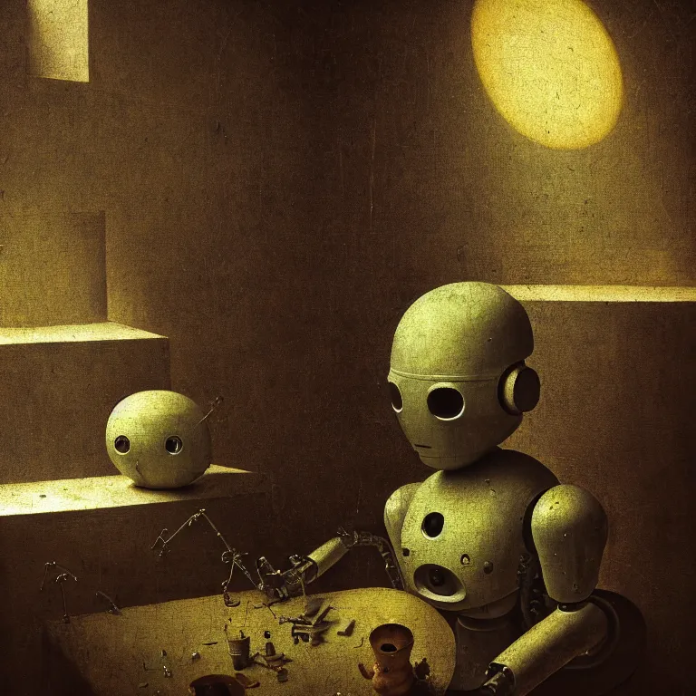 Image similar to still life of abandoned robot by hieronymus bosch, wide shot, soft glow bloom lucid dream - like ethereal atmosphere, baroque portrait painting, perfect composition, beautiful intricate detailed octane render trending on artstation, 8 k artistic photography, volumetric cinematic perfect light, chiaroscuro, masterpiece, raphael, caravaggio, rutkowski, beeple, beksinski