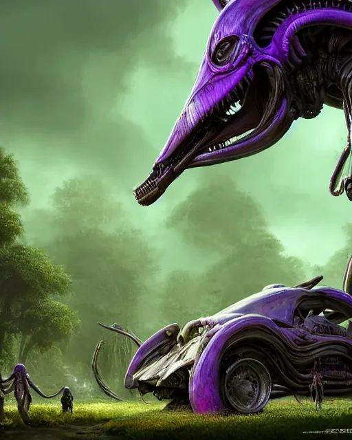 Prompt: xenomorph taxi car in a fantasy village, calming, uplifting mood, ultra realistic, farm, small buildings, highly detailed, atmosphere, violet planet in the sky, masterpiece, epic lighting, elves, green plants, magic, illuminated, 4 k, cinematic, morning sun, art by eddie mendoza