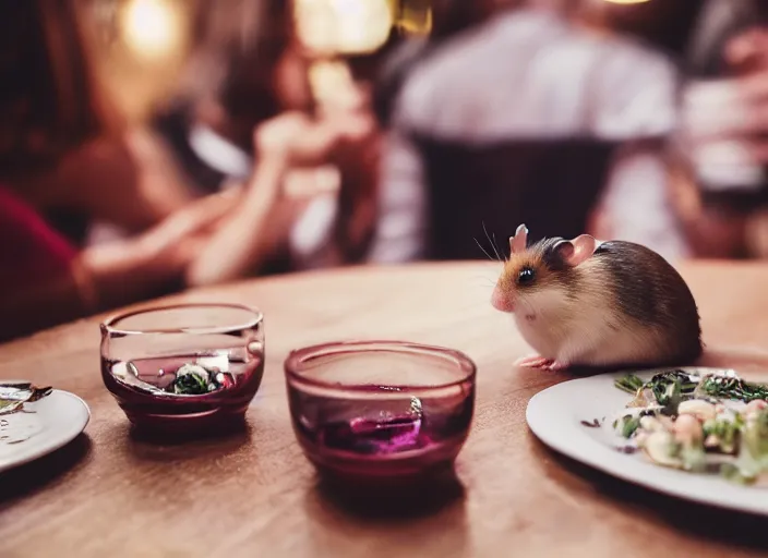 Image similar to photo of a hamsters on a date, drinking red wine, at night, faded colors, candlelit restaurant table, various poses, soft light, centered, sharp focus, 8 k