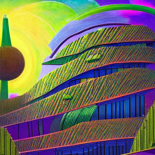 Prompt: photo of a solar punk lush giant plants city, modern architecture, city color scheme, geometry will draw the soul toward the truth and create the spirit of philosophy, galactic nebula, surrealist oil painting