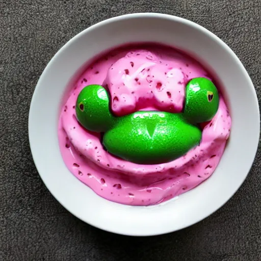 Prompt: frog drowning in strawberry yogurt, real