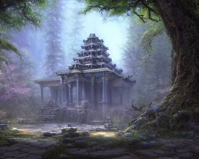 Image similar to detailed concept art of an ancient temple in an magical forest by james gurney in the style of yoshitaka amano, depth of field, unreal engine, 8 k, sharpness, artstation, award - winning realistic sci - fi concept art, in the style of james gurney.