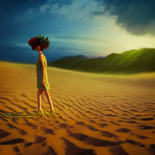 Prompt: closeup giant dahlia flower crown head, a girl walking between dunes, surreal photography, sunrise, blue sky, dramatic light, impressionist painting, digital painting, artstation, simon stalenhag